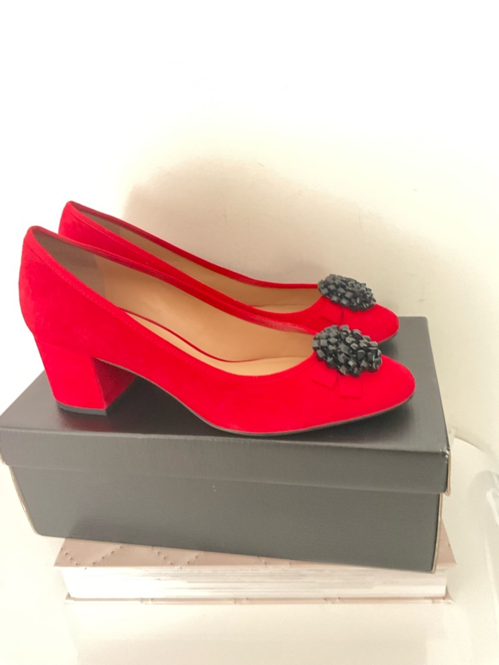 Talbots Red Suede Block Heel Pumps with Embellished Top